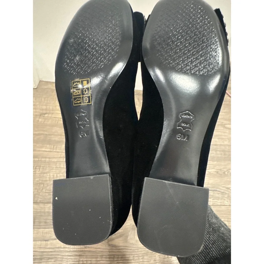 Tory Burch Black Velvet Crystal Embellished Bow Pumps Low Block Heel 6M